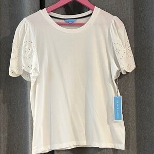 Draper James White Cotton Tee with Eyelet Sleeves